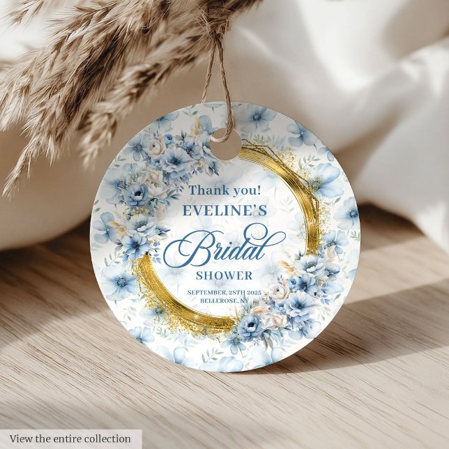 Etiquetas Para Recuerdos Ducha Floral Bohemio Pastel Azul Dorado Brillante (Bohemian Pastel Blue Gold Glitter Floral Shower Favor Tags)