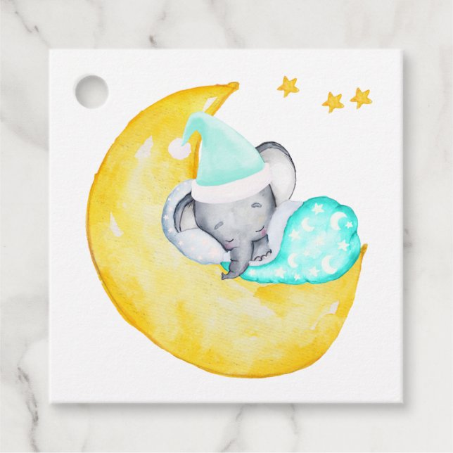 Etiquetas Para Recuerdos Elefante en el Baby Shower neutral de la luna (Anverso)