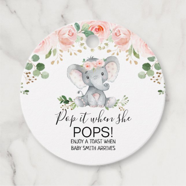 Etiquetas Para Recuerdos Elefante floral rosa Baby Shower pop it (Anverso)