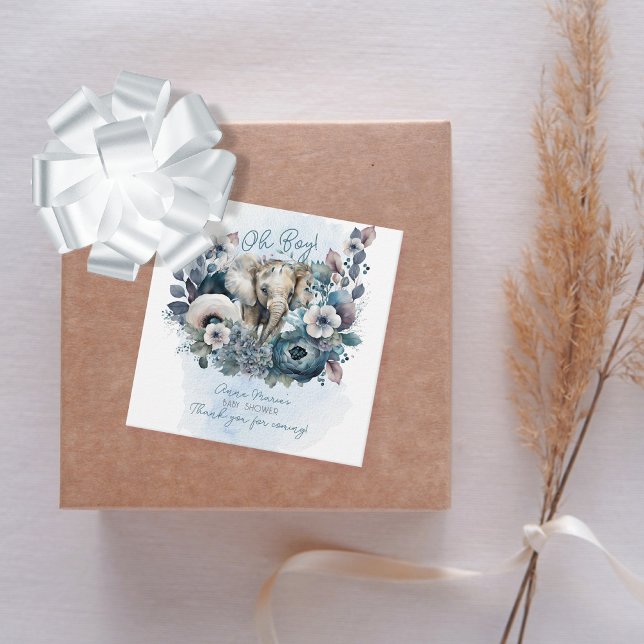 Etiquetas Para Recuerdos Elefante Oh Boy Blue Floral Baby Shower (Subido por el creador)