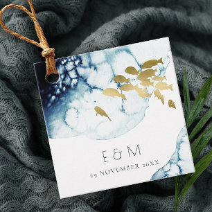 ETIQUETAS PARA RECUERDOS ELEGANT GOLD NAVY UNDERWATER FISH MONOGRAM WEDDING