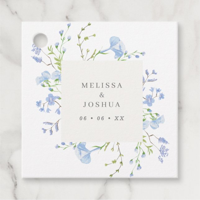 Etiquetas Para Recuerdos Elegante Boda de color azul claro azul de flores (Anverso)