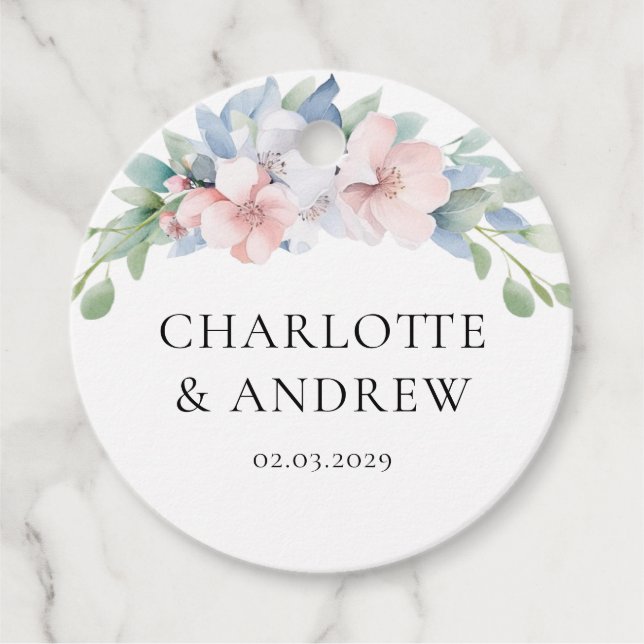 Etiquetas Para Recuerdos Elegante Boda de Flores Rosa Azul (Anverso)