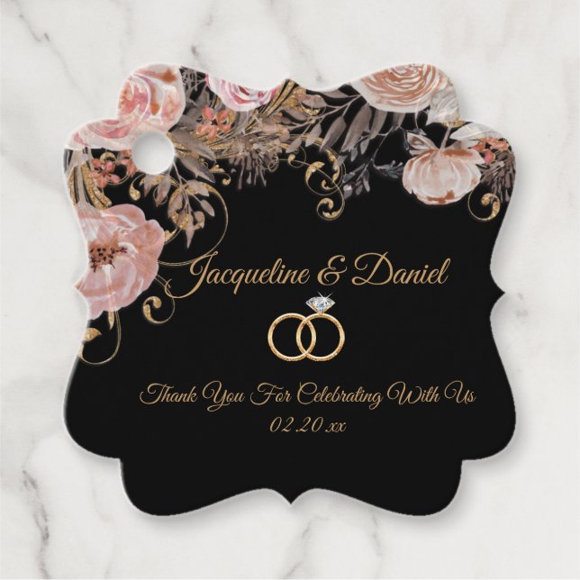 Etiquetas Para Recuerdos Elegante color de agua negro Rubor Rosa floral oro (Anverso)