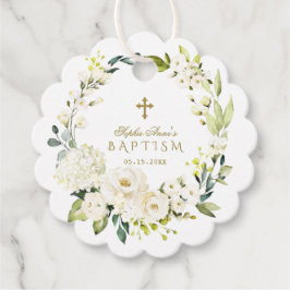 Etiquetas Para Recuerdos Elegante Crema Blanca Flores Cruz de Oro Bautismo