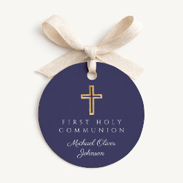 Etiquetas Para Recuerdos Elegante Cruz Redonda de Primeras Comuniones en Az