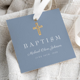 Etiquetas Para Recuerdos Elegante Dusty Blue Religious Cross Boy Baptism