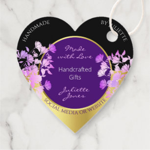 Etiquetas Para Recuerdos Elegante Floral Black Gold y morado colgado