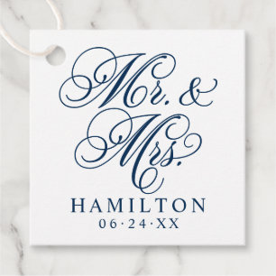 Etiquetas Para Recuerdos Elegante Monograma de Escritura Mr y Mrs en Azul M