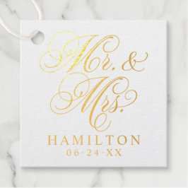 Etiquetas Para Recuerdos Elegante Monograma de Letra Script de Oro Mr y Mrs