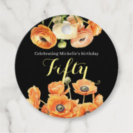 Etiquetas Para Recuerdos Elegante Naranja negro Floral 50 cumpleaños