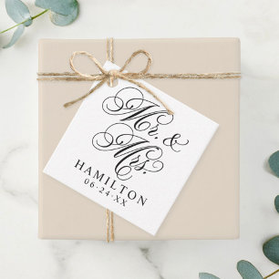 Etiquetas Para Recuerdos Elegante negro Sr. y Sra. Script Personalizado Mon