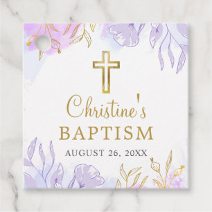 Etiquetas Para Recuerdos Elegante Pastel Morado Oro Floral Baptismo Chica