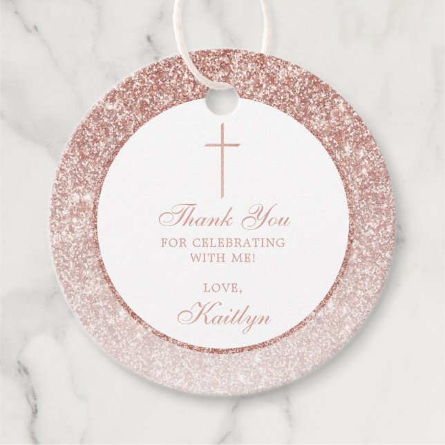 Etiquetas Para Recuerdos Elegante Rosa Purpurina De Oro Confirmación O Baut (Anverso)