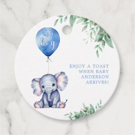 Etiquetas Para Recuerdos Es un Baby Shower azul de globo de niño elefante
