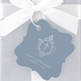 Etiquetas Para Recuerdos Escudo de confirmación Dusty Blue Faux Silver Vint
