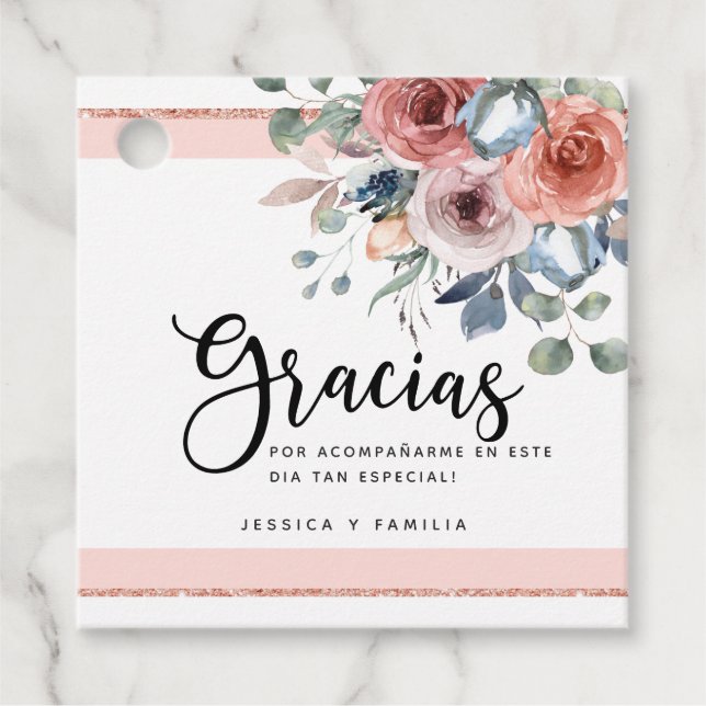 Etiquetas Para Recuerdos Español, Rubor Rosa, Oro Rosa, Azul Floral (Anverso)