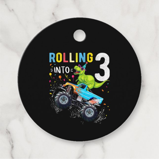 Etiquetas Para Recuerdos Familia de Camiones Monstruos Dinosaurios de 3 año (Anverso)