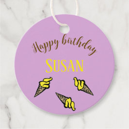 Etiquetas Para Recuerdos Feliz cumpleaños, helado amarillo en morado