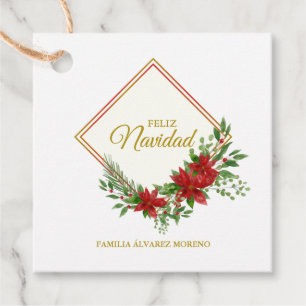 Etiquetas Para Recuerdos Feliz Navidad Español con Flor de Pascua y Acebo