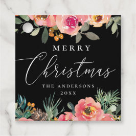 Etiquetas Para Recuerdos Feliz Navidad | Floral negra y vacaciones de pino