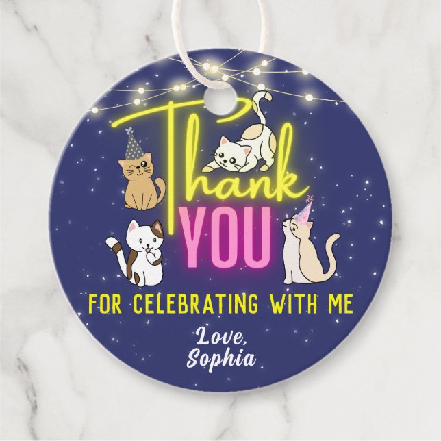 Etiquetas Para Recuerdos Fiesta de Gatos Cute Amarillo Glow Neon (Anverso)