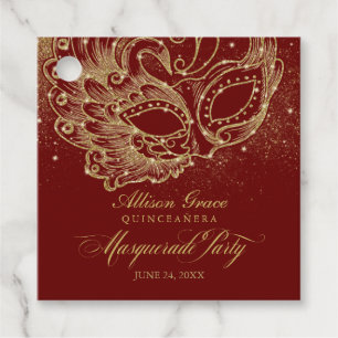 Etiquetas Para Recuerdos Fiesta de Quinceañera con Máscaras Dorado Burgundy