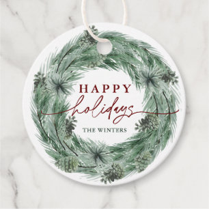 Etiquetas Para Recuerdos Fiestas felices de Wreath de árbol de pino con cód