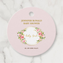 Etiquetas Para Recuerdos Flor rosa y dorada tema es una ducha de bebé chica