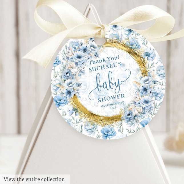 Etiquetas Para Recuerdos Flores azules adorables oro niño bebé ducha gracia (Cute dusty blue flowers gold boy baby shower thank Favor Tags)