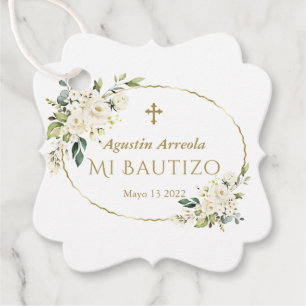 Etiquetas Para Recuerdos Flores Blancas de Lujo Dorado Mi Bautizo