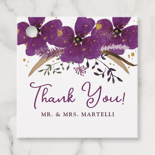 Etiquetas Para Recuerdos Flores color morado y Purpurina dorado (Anverso)