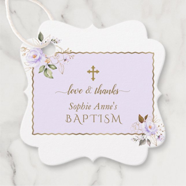 Etiquetas Para Recuerdos Flores de oro morado claro Bautismo cruzado de oro (Anverso)
