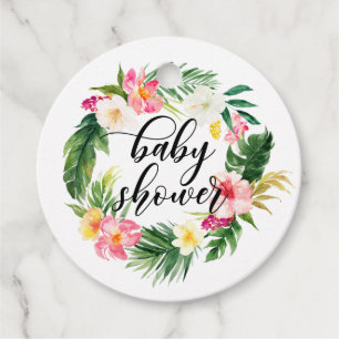Etiquetas Para Recuerdos Flores tropicales de color de agua Wreath Baby Sho