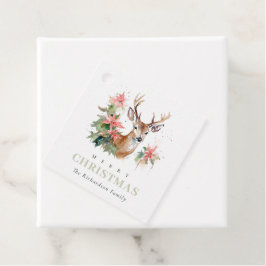 Etiquetas Para Recuerdos Foliage de Navidades de Poinsettia con reno acuare