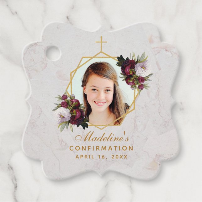 Etiquetas Para Recuerdos Foto de Chica de Confirmación Flor de Peonías Burg (Anverso)