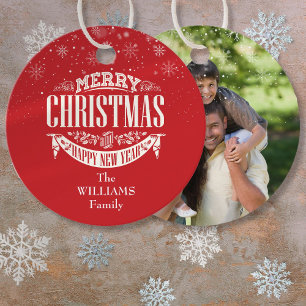 Etiquetas Para Recuerdos Foto personalizada de Navidad en rojo
