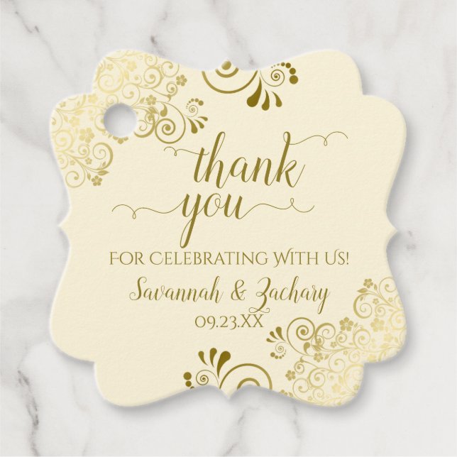 Etiquetas Para Recuerdos Frilly Corners Gold & Cream Boda Gracias (Anverso)