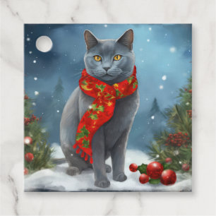 Etiquetas Para Recuerdos Gato azul ruso en Navidades de nieve