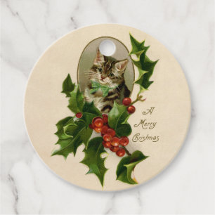 Etiquetas Para Recuerdos Gato Navidades Merry Holly Kitten Arte Antiguo