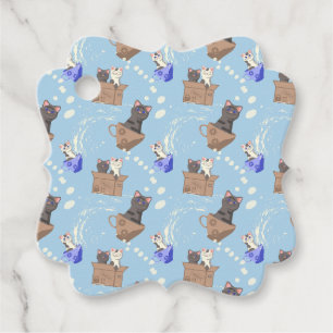 Etiquetas Para Recuerdos Gatos en caja y gotas de leche en azul