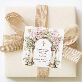 Etiquetas Para Recuerdos Girl First Communion Pink Florals Arch Cross