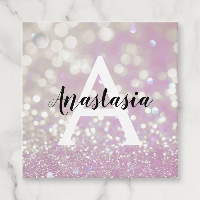 Etiquetas Para Recuerdos Girly Lilac Shimmer Purpurina Esparkles Monograma  (Anverso)