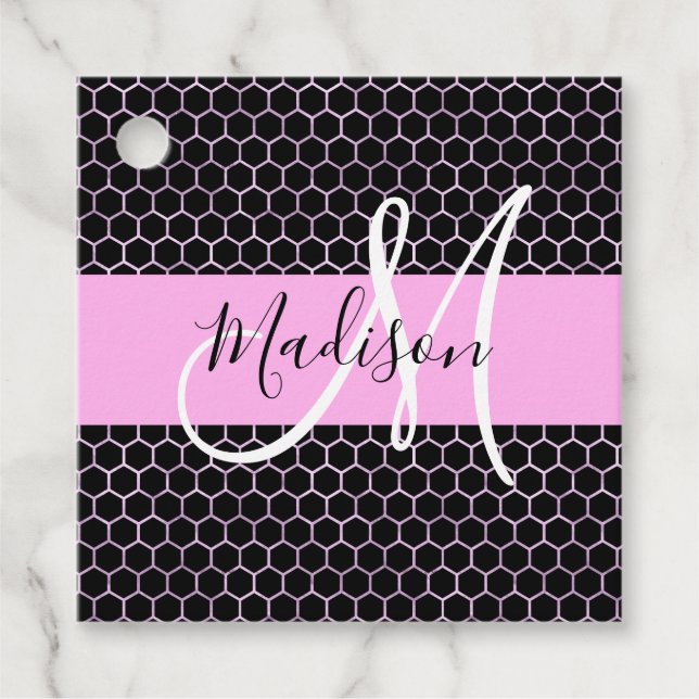 Etiquetas Para Recuerdos Glam Black Metallic Pink Honeycomb Monograma Nombr (Anverso)