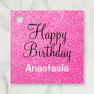 Etiquetas Para Recuerdos Glam Happy Birday Hot Pink Purpurina Sparkle Name
