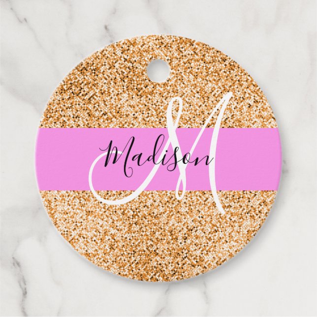 Etiquetas Para Recuerdos Glam Pink & Copper Purpurina Parkles Monograma Nom (Anverso)