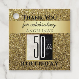 Etiquetas Para Recuerdos Glitter Dorado Negro y Blanco 50 Cumpleaños Gracia