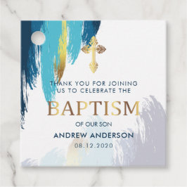 Etiquetas Para Recuerdos Guión de pincel moderno oro y azul gracias bautism