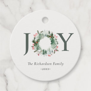 Etiquetas Para Recuerdos Holly Berries Pine Tree Joy Navidades Wreath