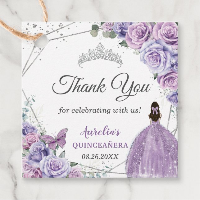 Etiquetas Para Recuerdos Lila Púrpura Lavanda Floral Quinceañera Princesa (Anverso)